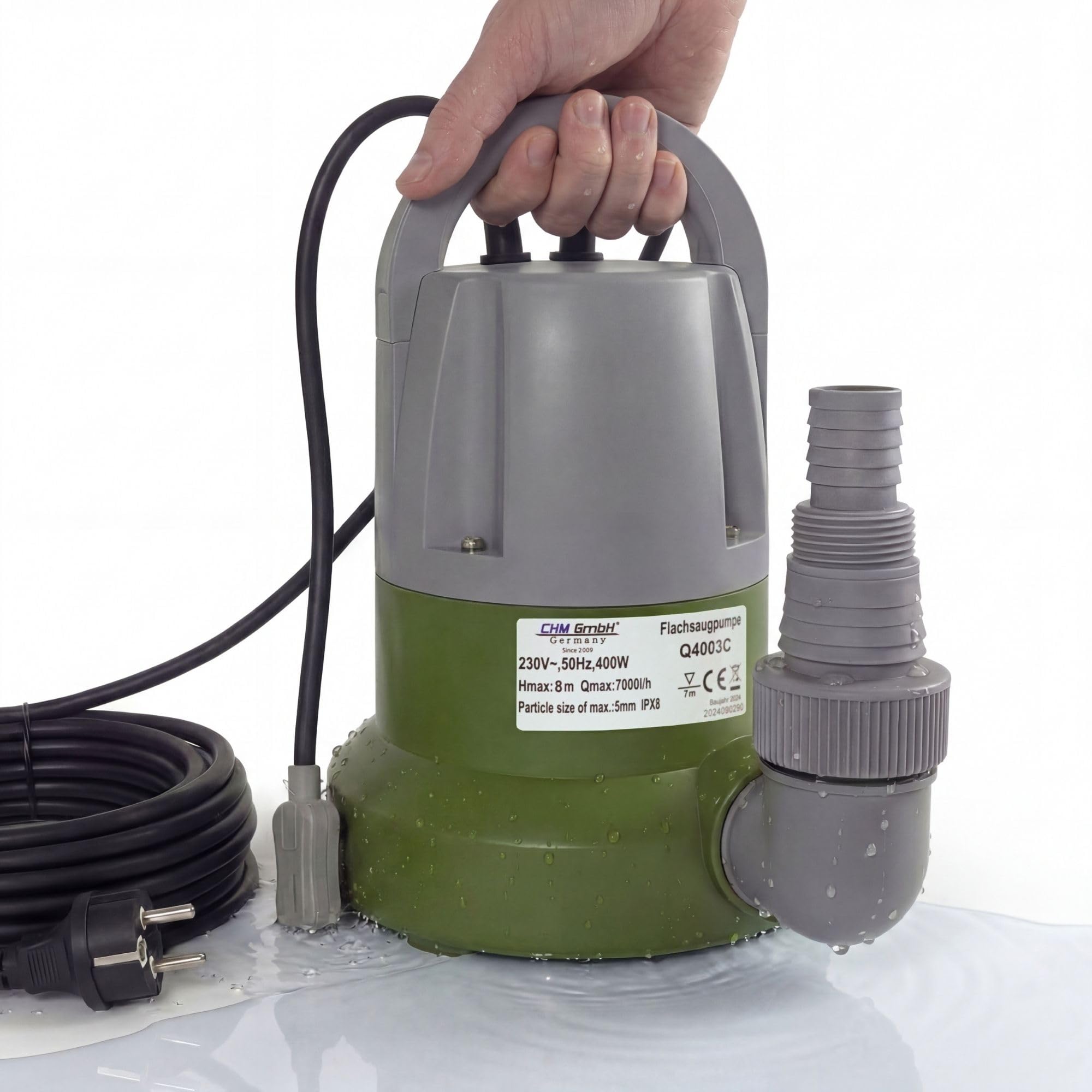 Tauchpumpe mit integriertem schwimmer und Überhitzungsschutz von CHM GmbH® - Flachsaugend bis 1mm (400 Watt, 7000 L/h) Förderhöhe max 8m