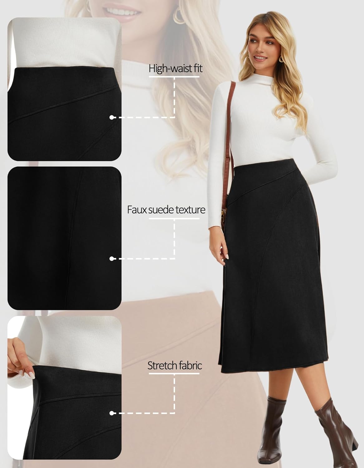 Women Faux Suede Midi Skirt High Waist A Line Skirt 2025 Trendy Fall Winter Dressy Causal Outfits - Image 7
