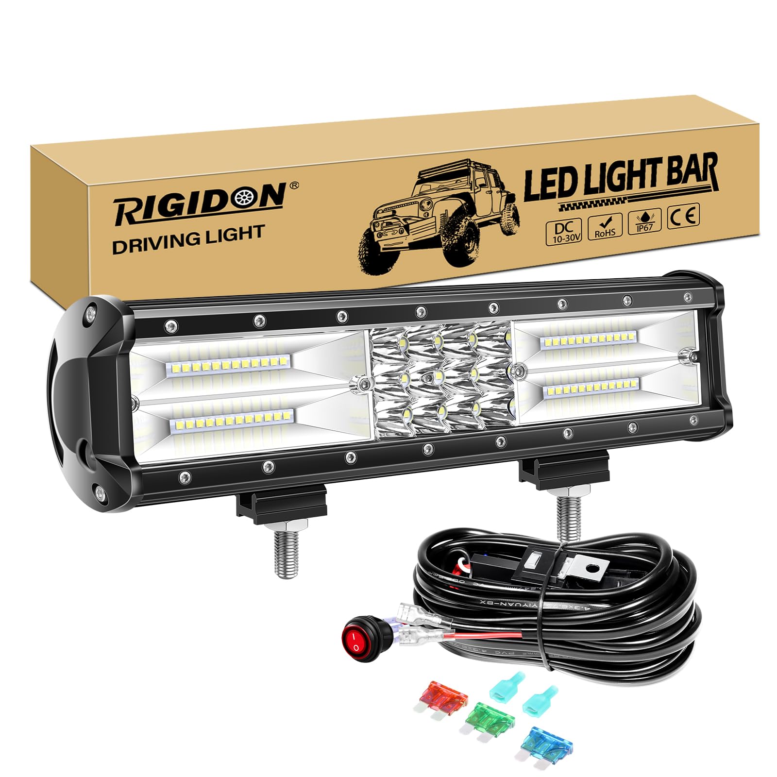 RIGIDON Listwa świetlna LED do jazdy 12 cali 180 W z zestawem kabli 12 V, trójrzędowa lampa przeciwmgielna 7D do samochodów terenowych SUV ATV 4 x 4, wiązka punktowa powodziowa, wodoodporna lampa robocza, 6000 K biała