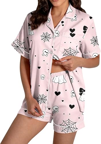 Vividcrate Halloween Pajamas Women Short Sleeve Button Top S