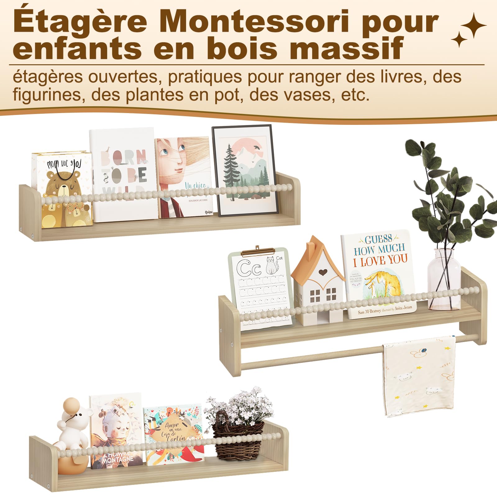 WOLTU Étagère Murale pour Enfant, Lot de 3, Étagère Livre Enfant, en Bois Massif, 60cm, avec Perles en Bois