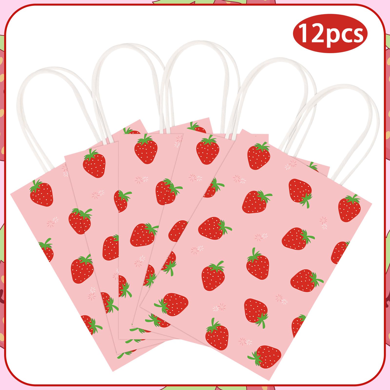 Lemicin 12 Pcs Strawberry Gift Bags Strawberry Party Favor Gift Bags Pink Berry Sweet Paper Candy Treat Goodie Bag with Handles for Birthday Baby Shower Summer Holiday Party Supplies