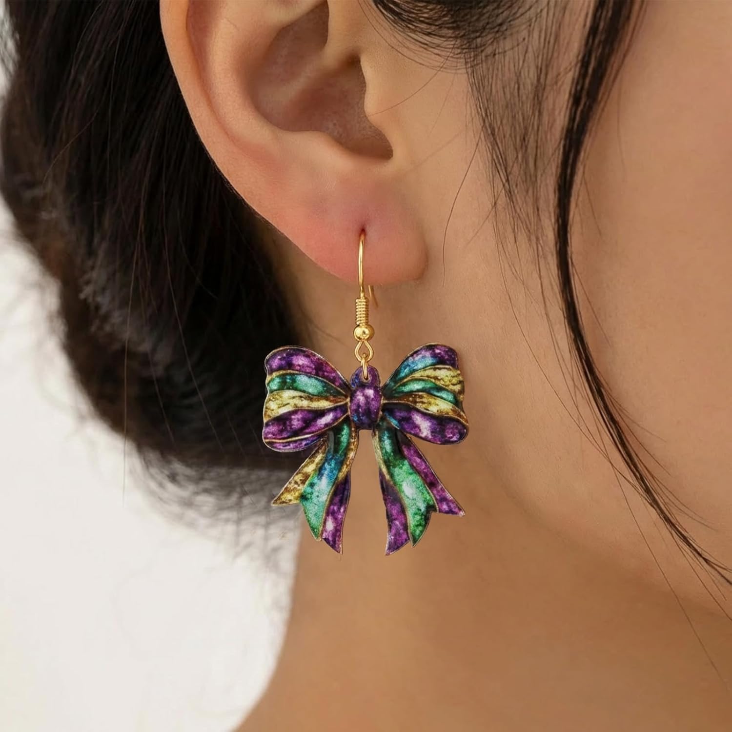 Mardi Gras Outfit for Women Mardi Gras Earrings for Women Acrylic Bow Dangle Carnival Jewelry Festive Party Outfit Matching Shirts Accessories - Image 2