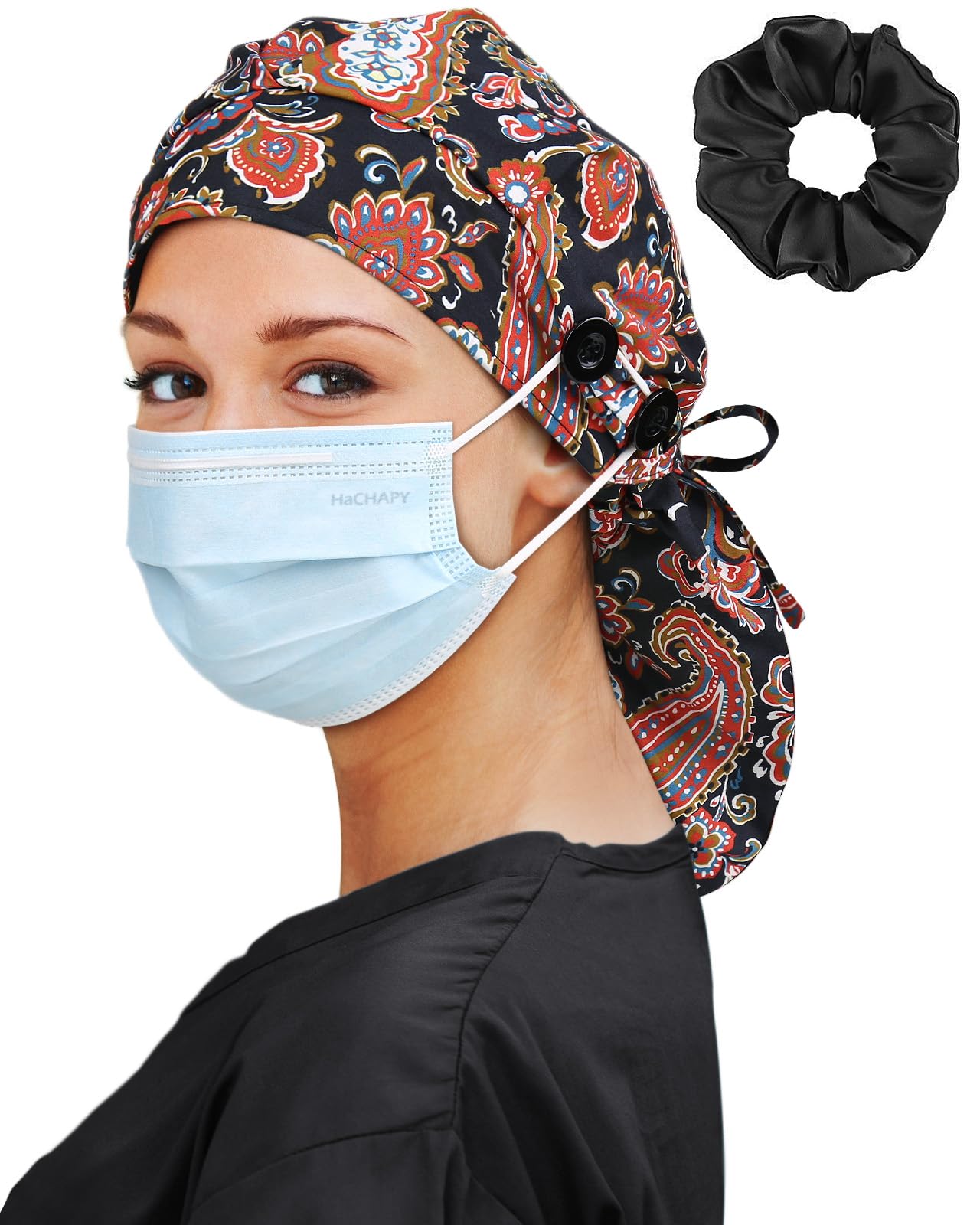 Satin Lined Scrub Cap for Women Extra Large Long Hair Surgical Nurse Cap 4 Buttons