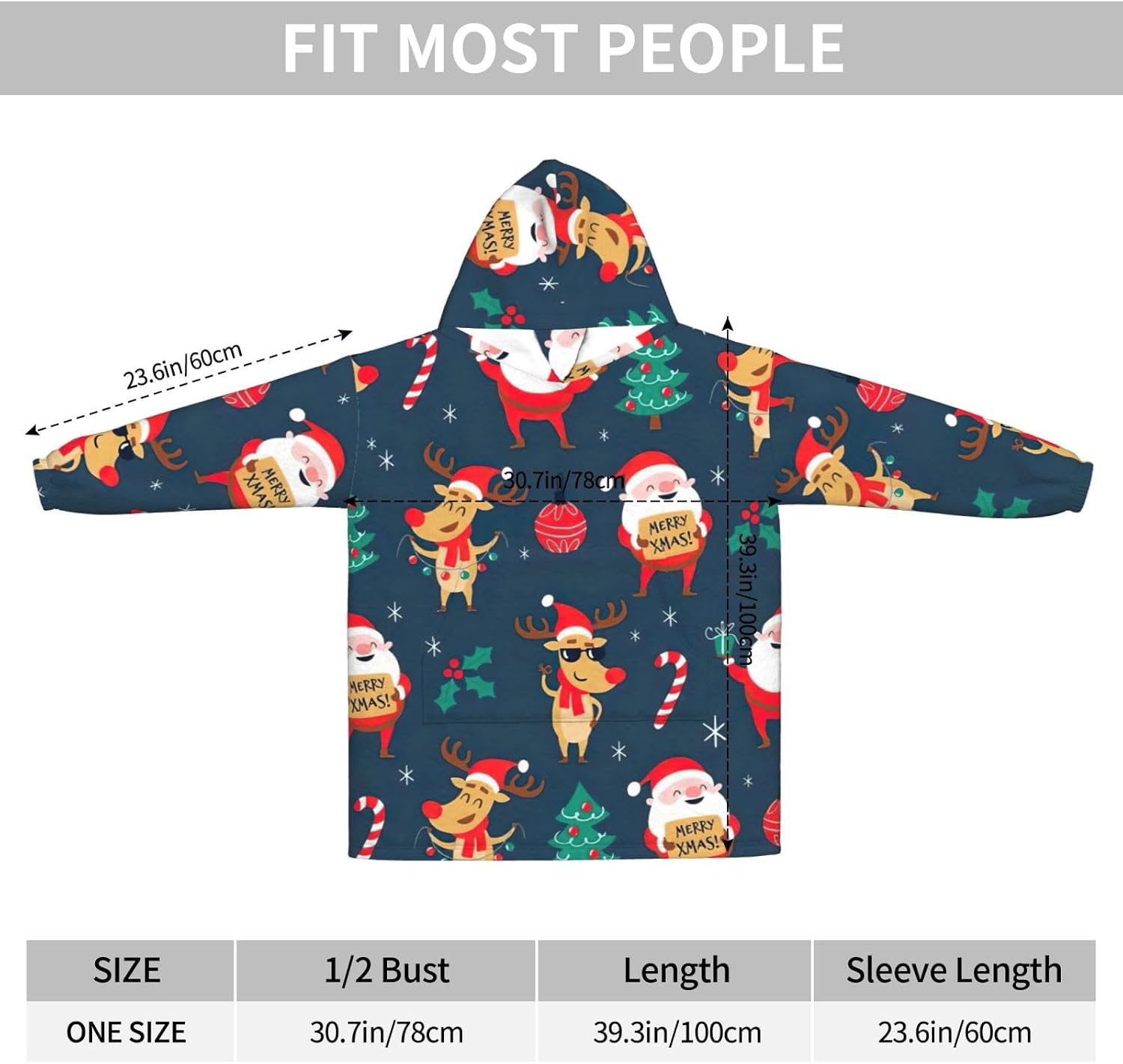 Santa Claus Christmasprint Oversized Hoodie Blanket, Super Soft Warm Comfortable Hoodie, Wearable Blanket Adult