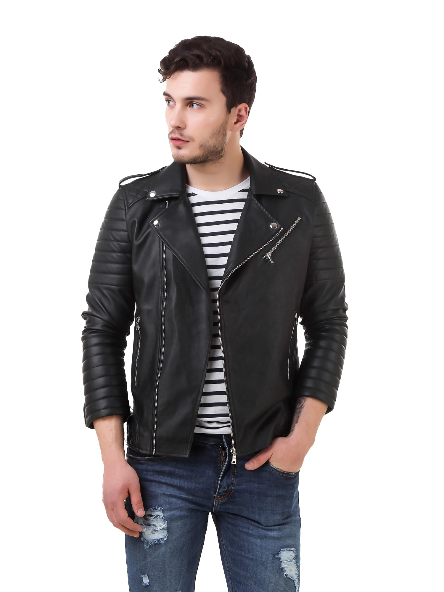 Leather Retail® Mens Solid Biker Jacket (Large, Black) 2