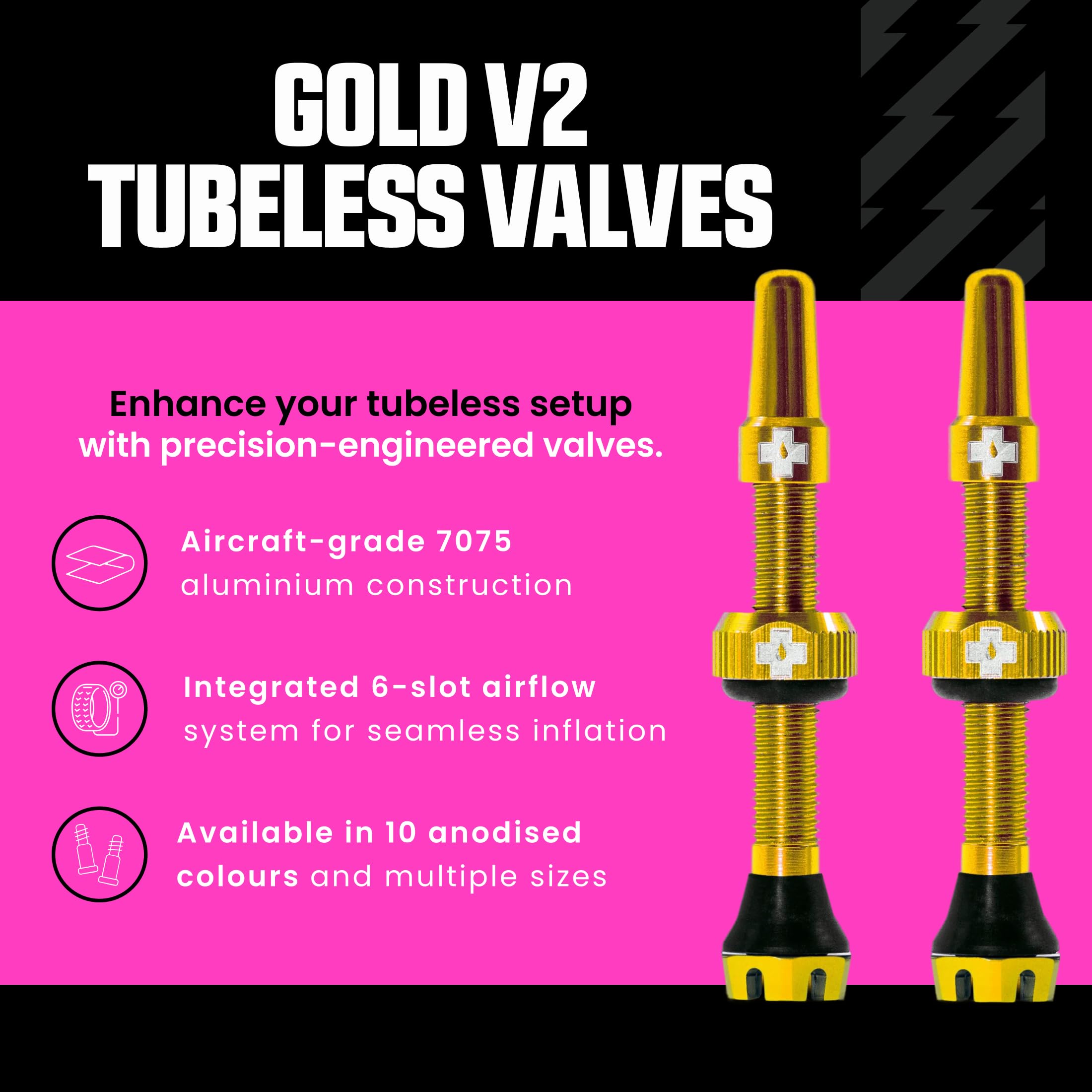Muc-Off Valvole Presta Oro, 44 mm - Valvole Tubeless per Bici, con Strumento Smonta Valvola Incluso - di Alta Qualità e Senza Perdite