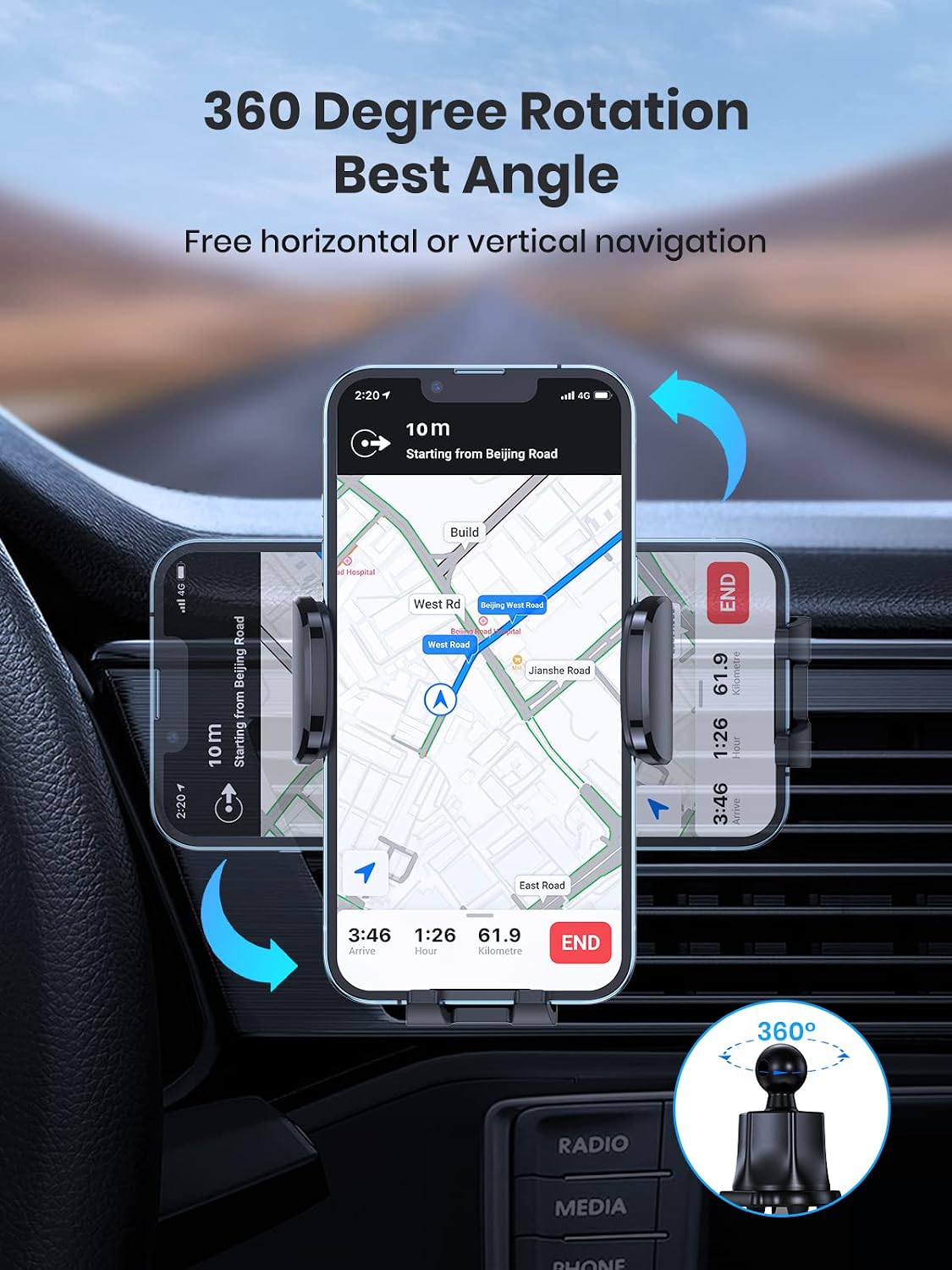 TOPK Phone Mount for car, Universal Air Vent Car Mount for Car with Hook Clip Air Vent Car Phone Holder Mount 360° Rotation Universal Mobile Phone Mount for Cellphones
