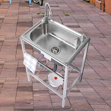 Mobile Edelstahl Spüle 74x51x94cm - Freistehendes Spülbecken Mit Hahn Für Garage, Camping & Outdoor