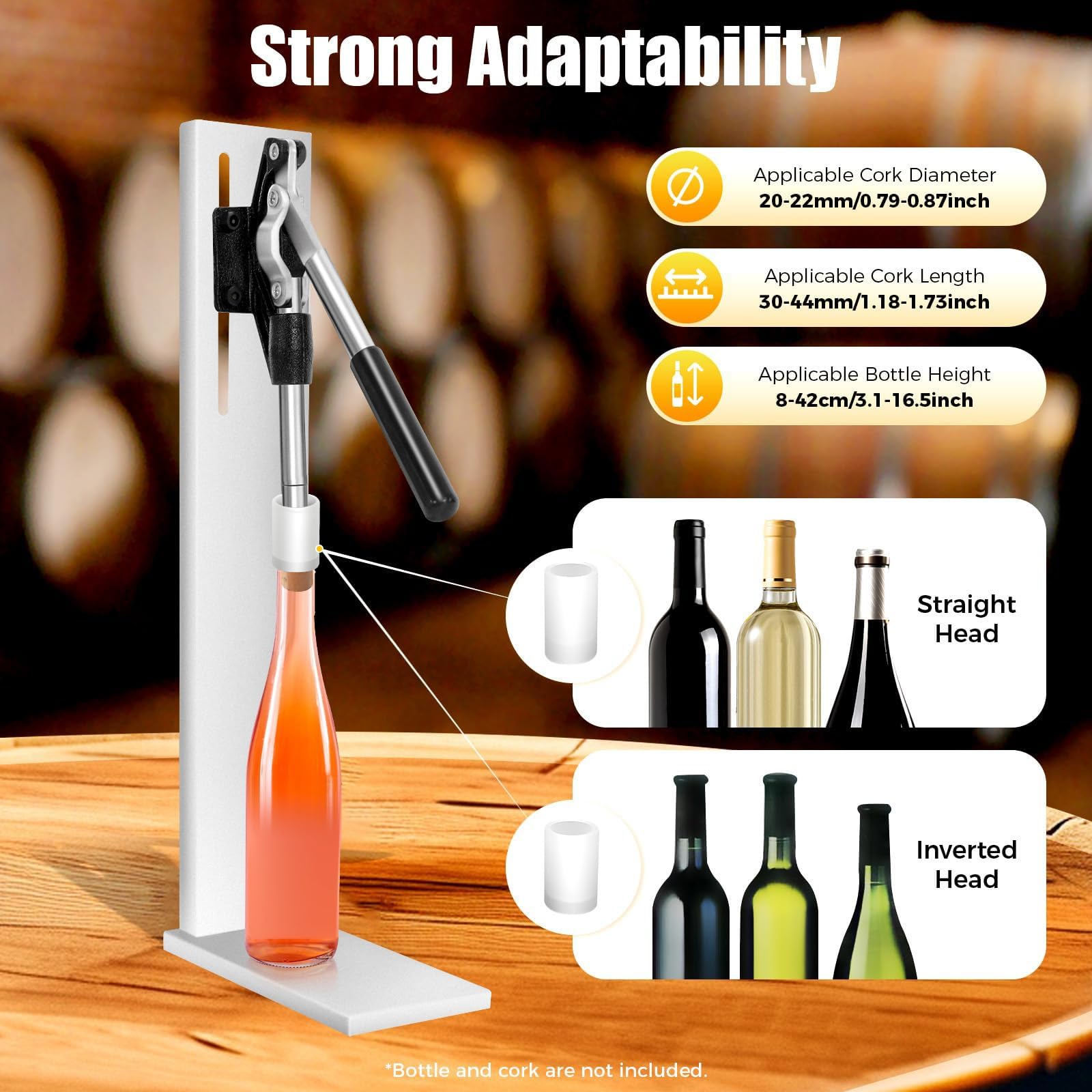 Encorchadora Manual de Botellas de Vino, de Acero Inoxidable, con 2 Cabezales Pom y Mango de Goma, Herramienta para Insertar el tapón, Profundidad Ajustable, para Vino casero