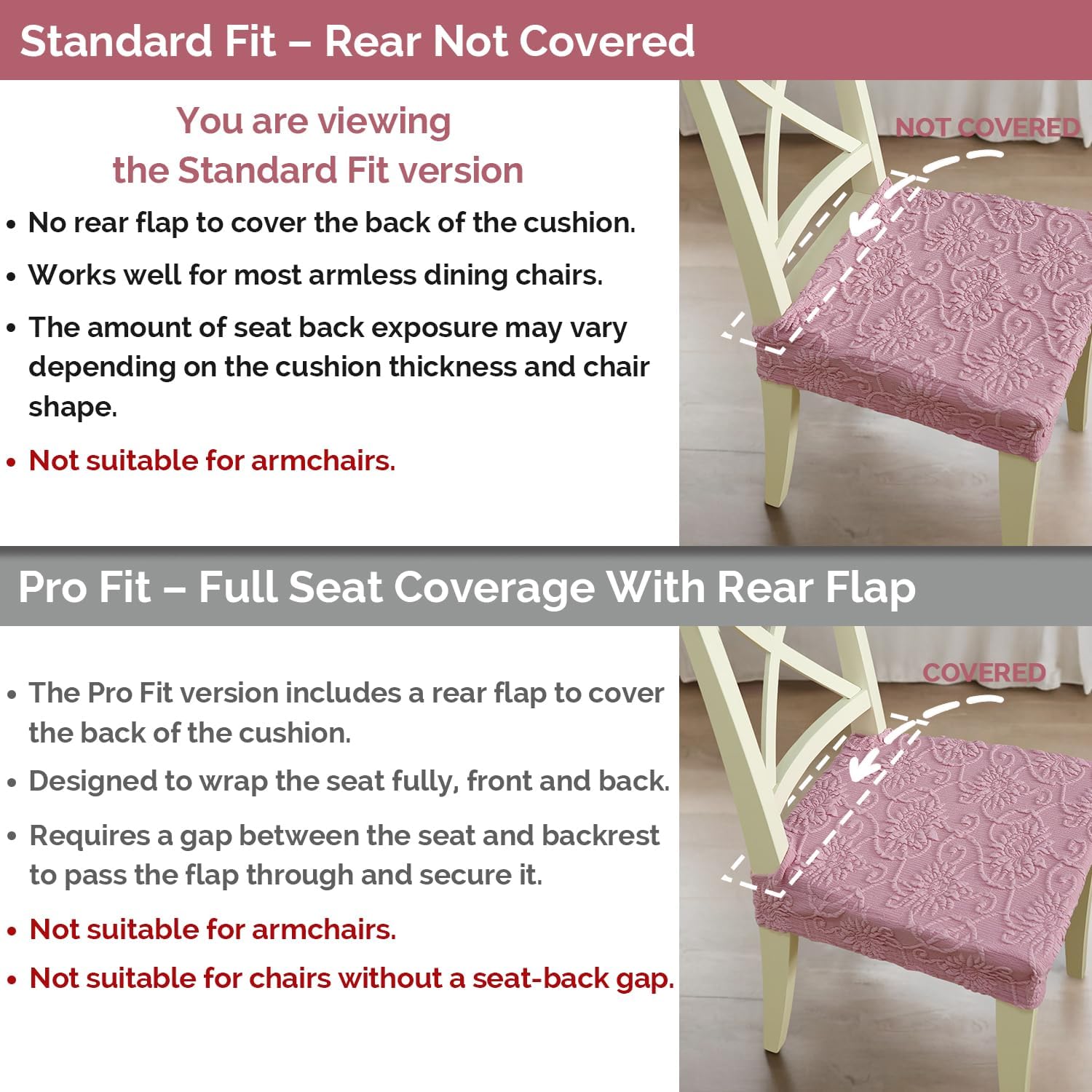 Dining Chair Seat Covers (Pink, Set of 2), Durable Thick Elastic Slip Covers with Embossed Jacquard Design, Stretch Seat Protectors, Machine Washable for Dining Room or Kitchen Chairs