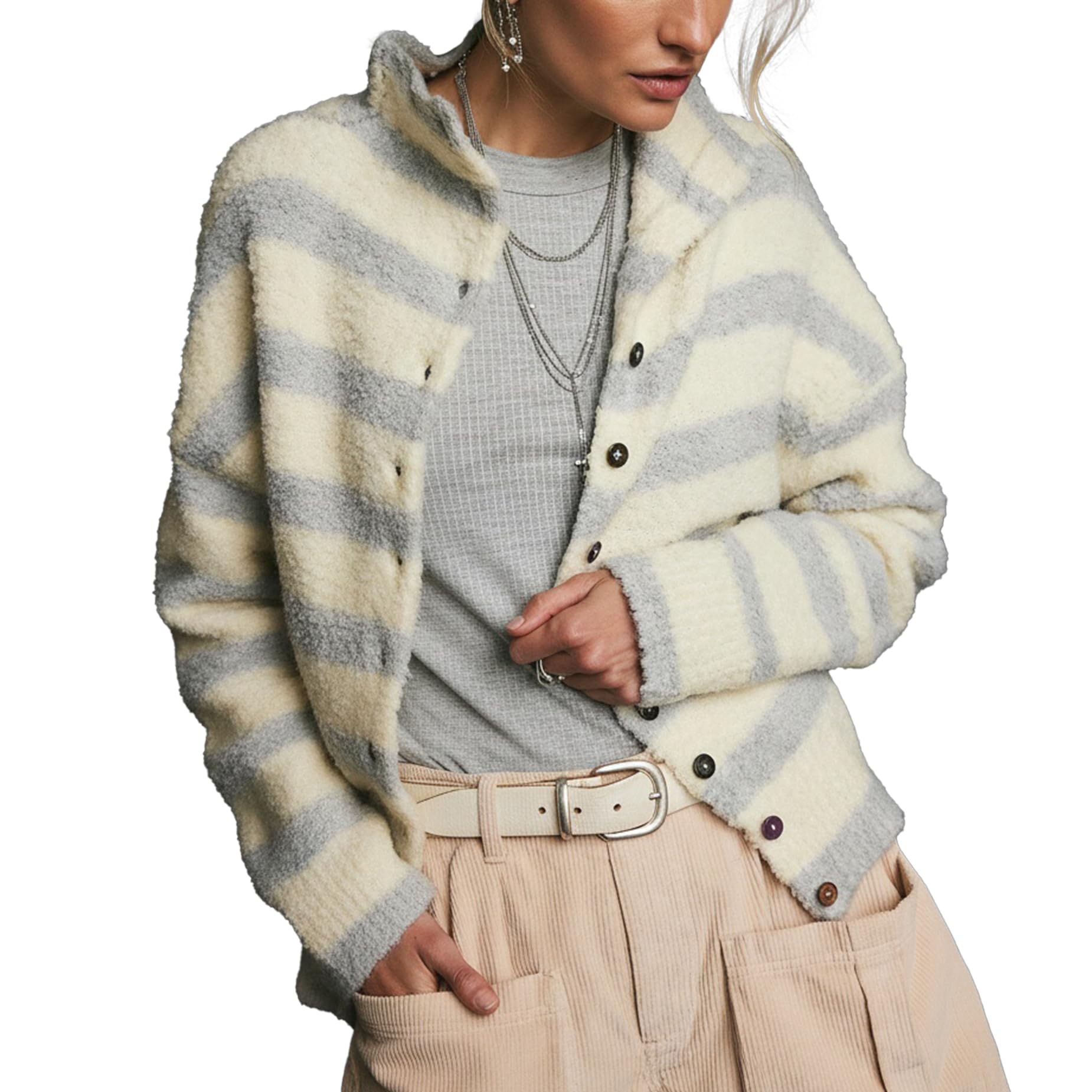 Womens Striped Cardigan Casual Long Sleeve Stand Collar Button Down Sweater Tops Lightweight Fall Fashion Knitwear