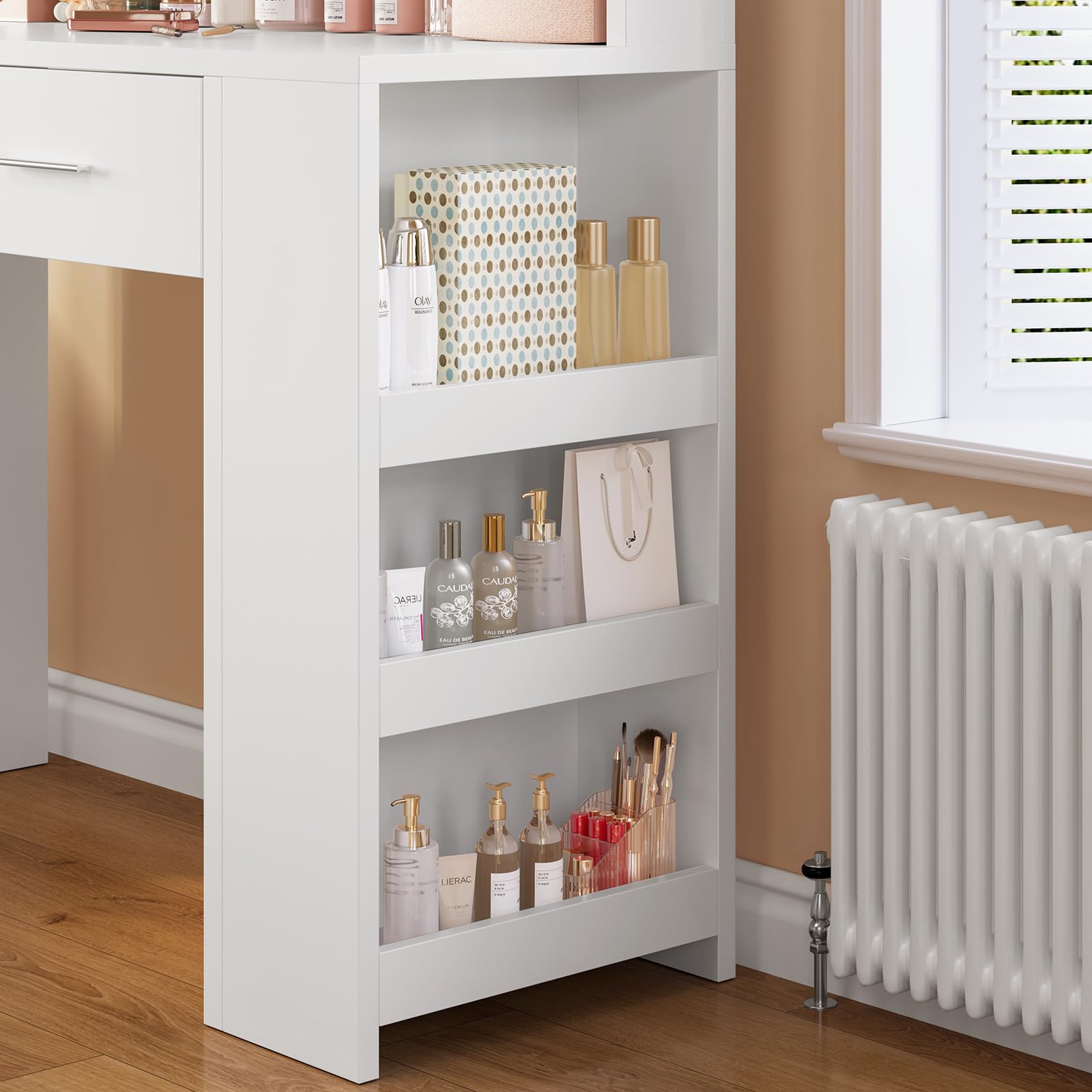 TEENFON Coiffeuse avec Miroir,Luminosité Réglable,3 Couleurs, Coiffeuse avec 4 étagères Ouvertes, Blanc,Rangement Latéral