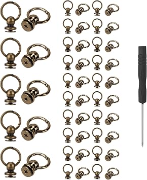 50pcs Screwback Round Head Rivet with Pull Ring Studs with Screwdriver for DIY Leather Craft Belts Purse Handbags Phone Cas Bronze