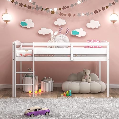Miniatura 15 de DORTALA Cama alta individual, cama alta para niños que ahorran espacio con escalera y barandillas de seguridad para niños, cama baja para