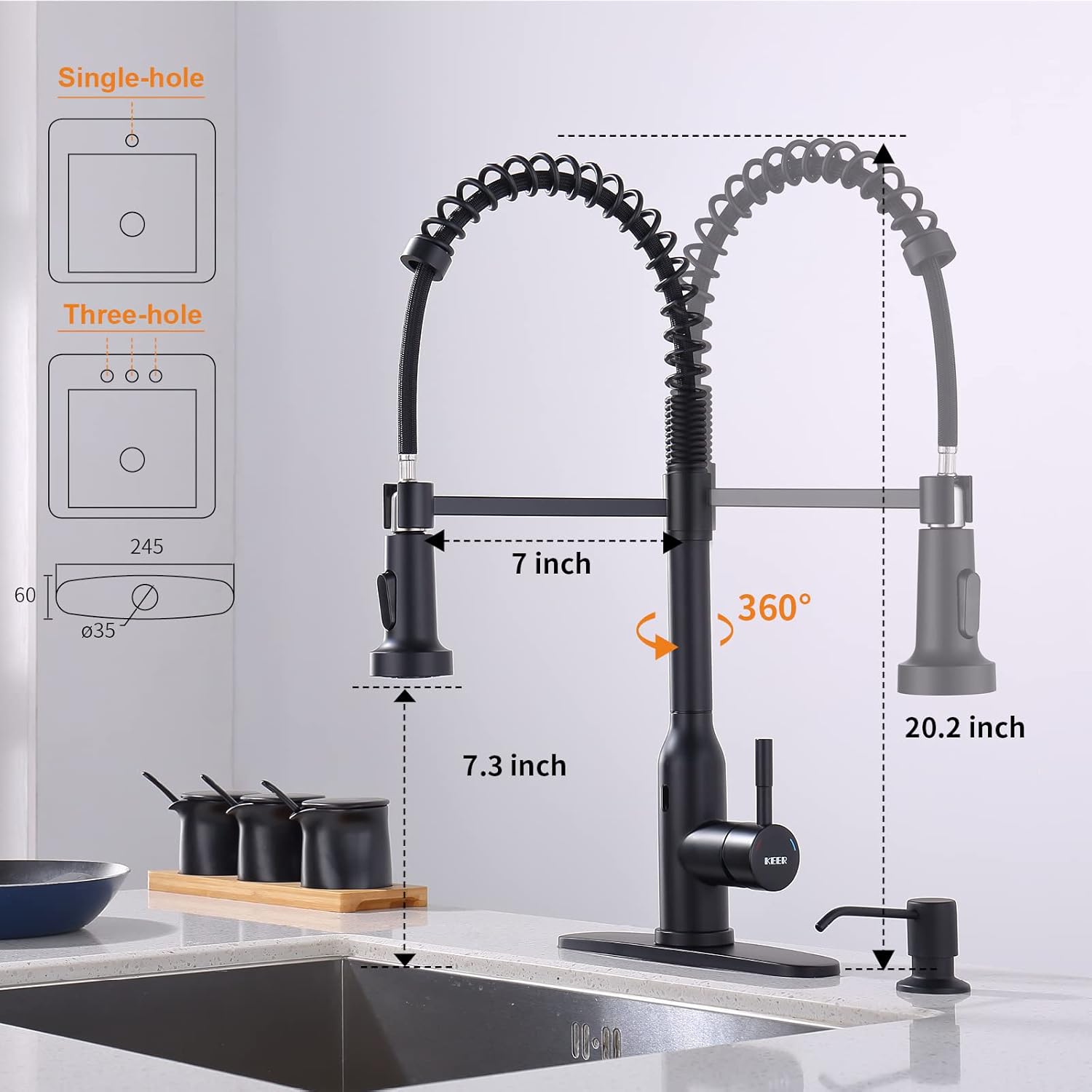 Black Touchless Kitchen Faucet ， KEER Smart Motion Sensor Hands Free Single Handle Spring Kitchen Sink Faucet with Pull Down Sprayer - Image 6