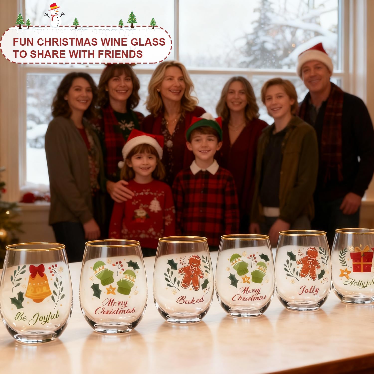 Christmas Wine Glasses Cups Set of 4, 20oz Vintage Funny christmas Pattern Design for Women Men Family Friends - Clear Wine Milk Drinkware Party Gifts - Image 5