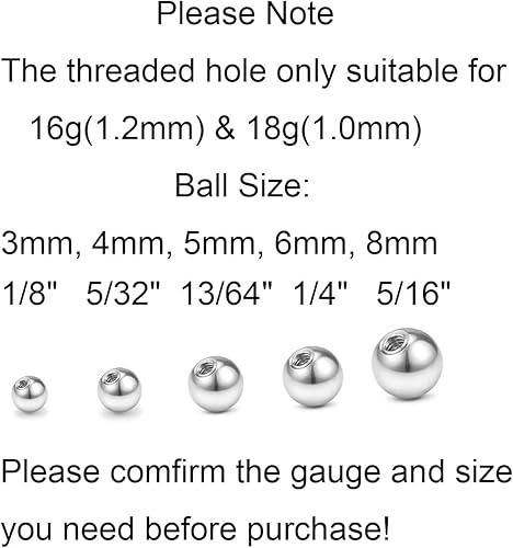 Miniatura 2 de QWALIT - Bolas de repuesto de acero inoxidable de 16 calibre y 14 calibre para pendientes de labret, aretes, joyería de perforación, anillos de