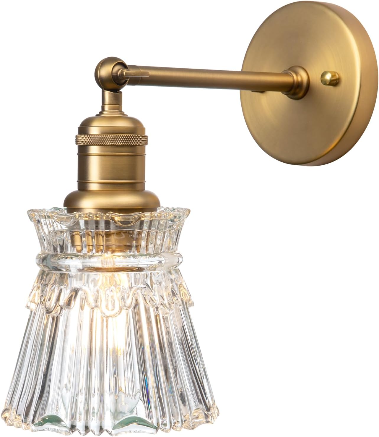 Yosoan 1-Light Vanity Indoor Wall Sconce, Brass Vintage Industrial Single Modern Light Hardwired Fixture Lamp with Petal Stripes Glass Shade for Bedroom Bathroom Kitchen Living Room Hallway(Antique)