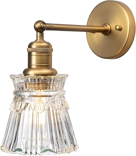 Yosoan Aplique de pared interior de 1 luz, latón, vintage, industrial, moderno, con cable, con rayas de pétalos, pantalla de vidrio para dormitorio,