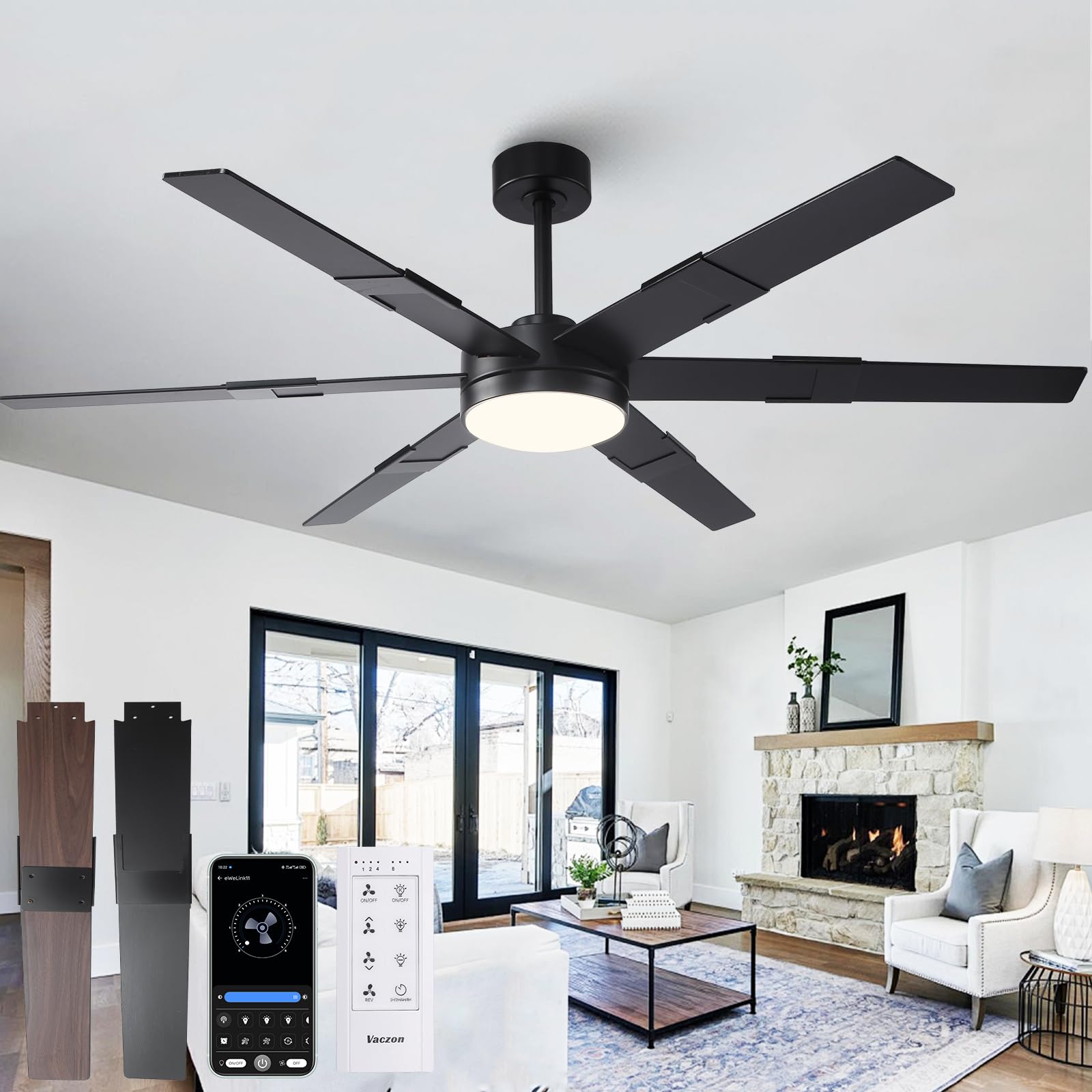 Vaczon 60 Inch Ceiling Fans with Lights and Remote, Modern Large Black Ceiling Fan for Indoor or Covered Outdoor, 3CCT,Reversible DC Motor Dual-Sided