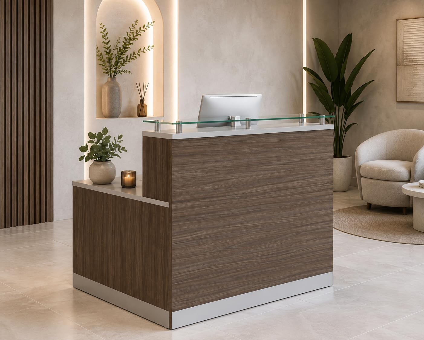 NBF Reception Desk Glass Top Counter for Office Lobby, 48" W, Driftwood