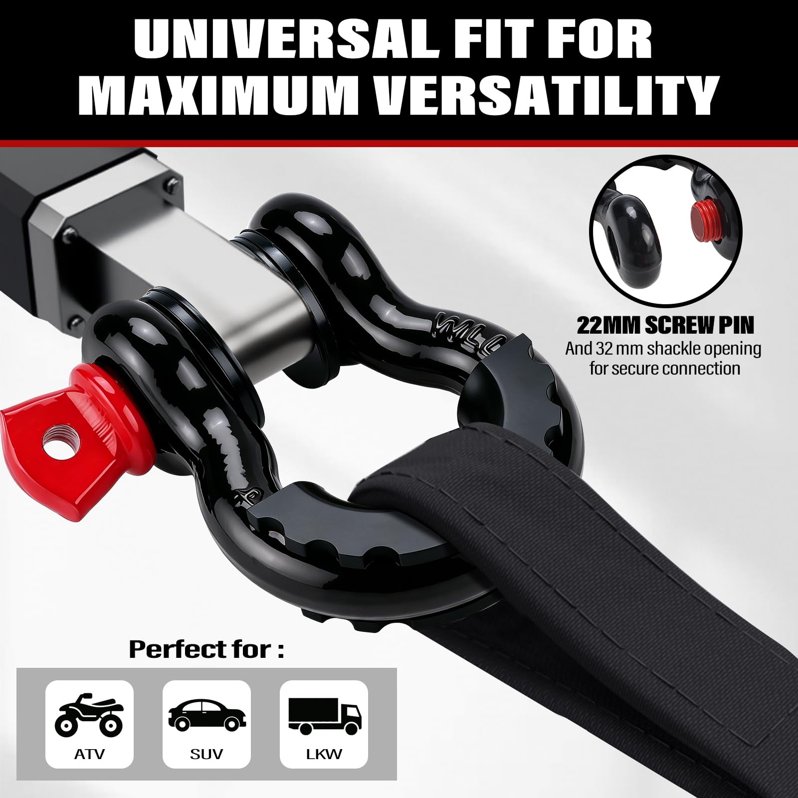 BOOMSTART Grillo da traino da 4,75 t, 19 mm, grande grillo in acciaio zincato, 4 pezzi con bullone a vite, gomma protettiva, anello a D offroad, per traino e sollevamento auto (nero e rosso)