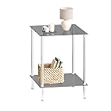 IRCPEN Tempered Glass Side Table, Acrylic End Table, 2-Tier Transparent Nightstand, Clear Coffee Table, for Small Spaces Living Room Bedroom Balcony Black LET518BK