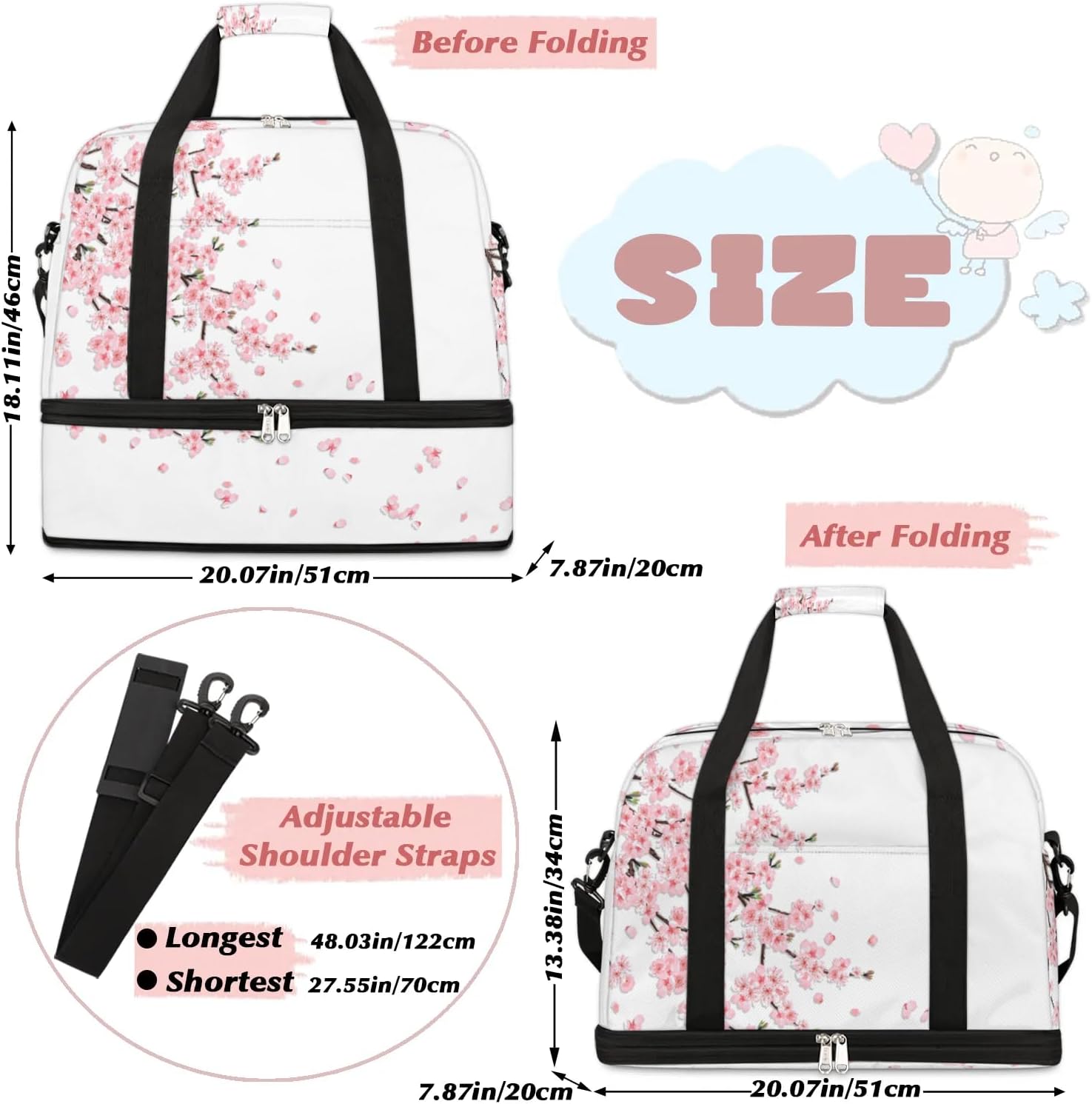 Travel Duffle Bags With Shoes Compartment for Women Men Japanese Flower Lightweigh Sports Tote Gym Bag Cherry Blossoms Foldable Canvas Weekender Overnight Carry On Luggage Handle Bag