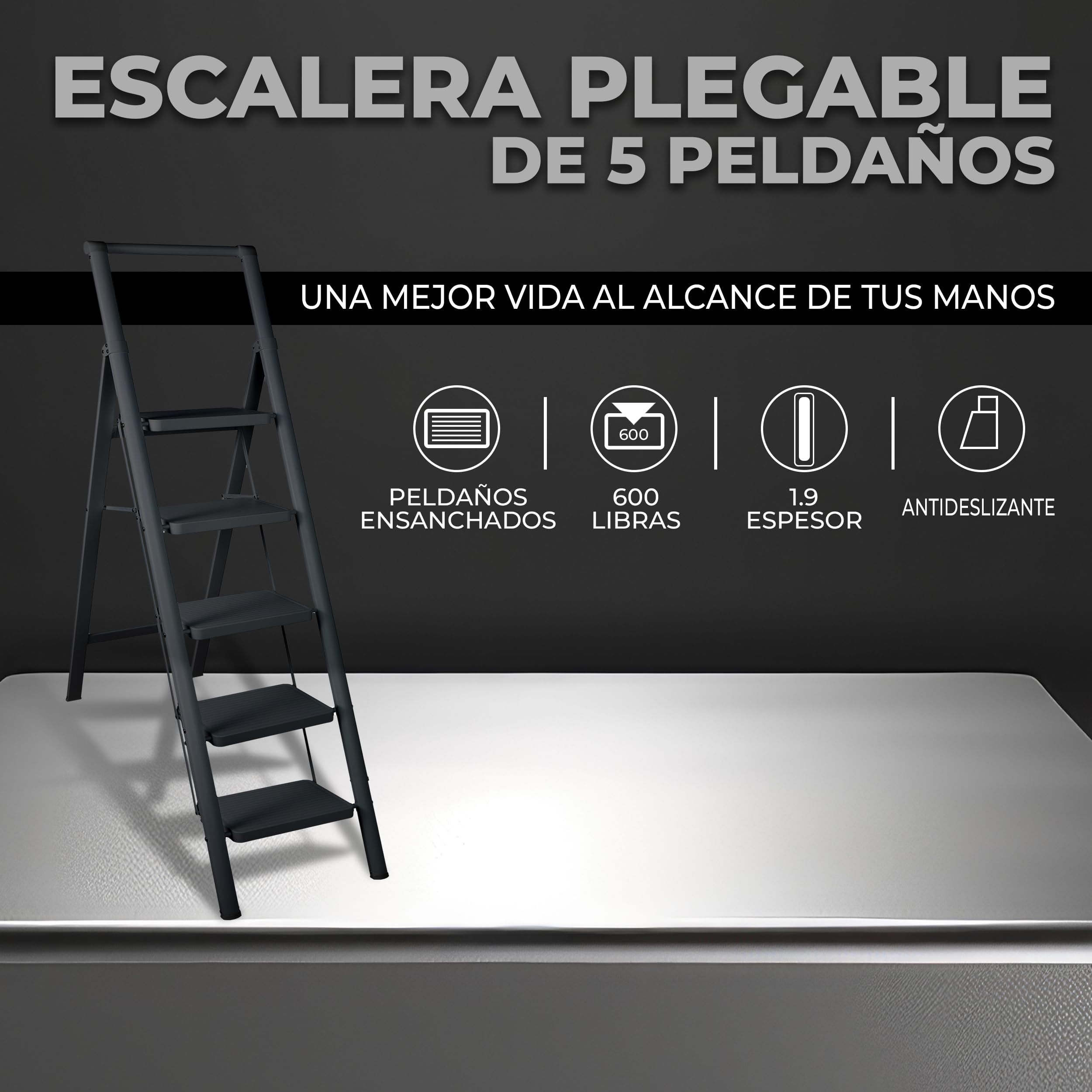 UZIRO Escalera Plegable 5 Peldaños, Antideslizante, Compacta, para Hogar Cocina Oficina