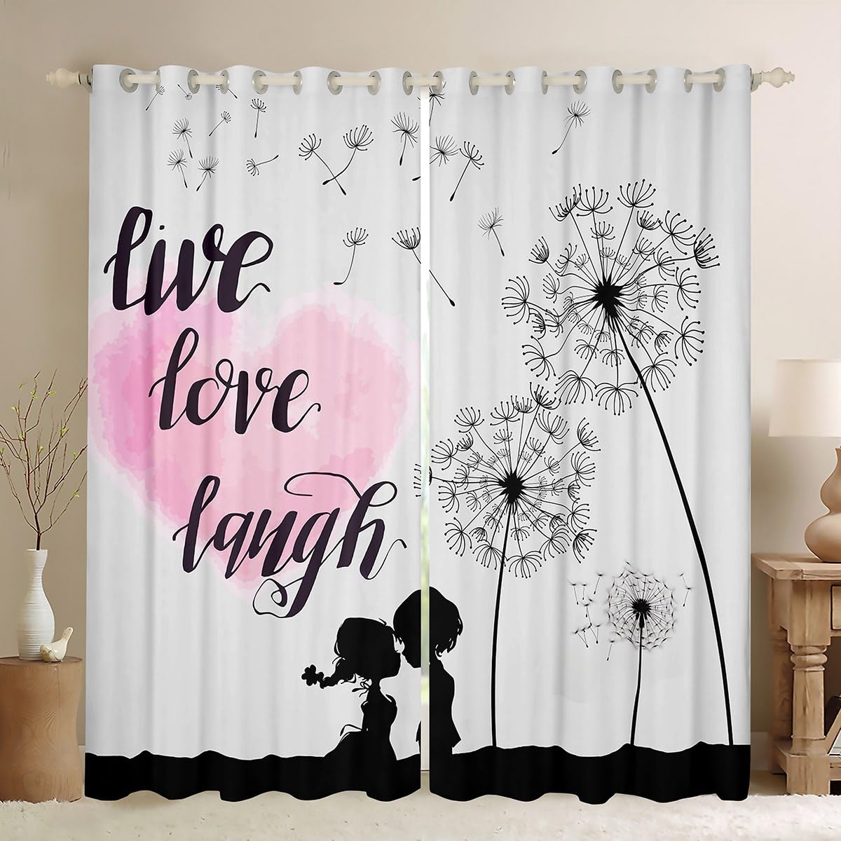 Dandelion Curtains For Couples, Little Boy And Girl Silhouette Under A Dandelion Window Curtains 38