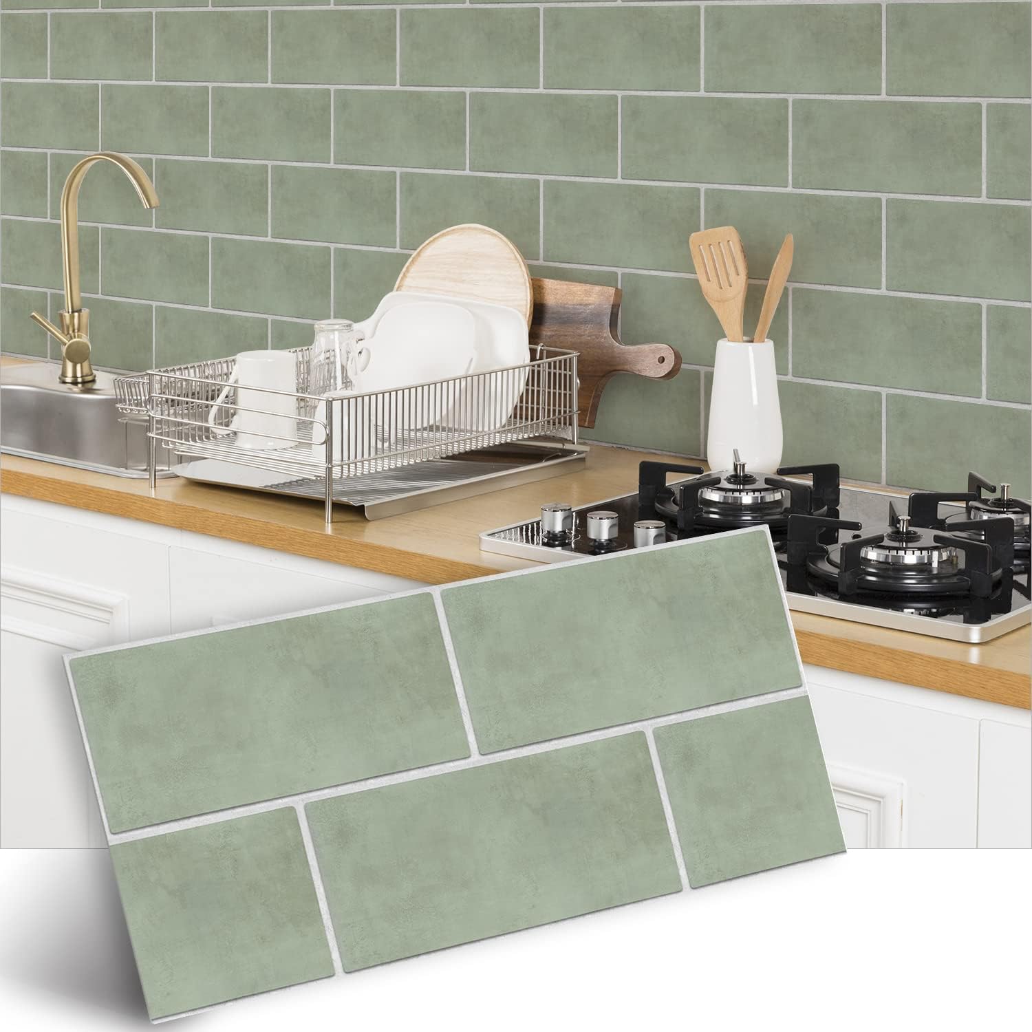 FUNLIFE 24pcs 30cmX15cm Frotter vert sauge tiles dalle pvc adhesive murale | peel and stick tiles, colle carrelage salle de bain, Convient pour les cuisines, salle de bains, salon autocollant carrelage