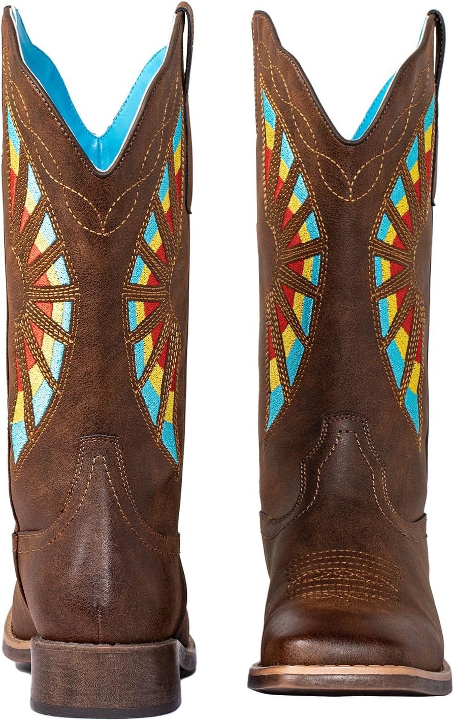 SheSole Cowboy Boots for Women Wide Calf Western Cowgirl Boot Square Toe Fashion Rainbow Embroidery Brown
