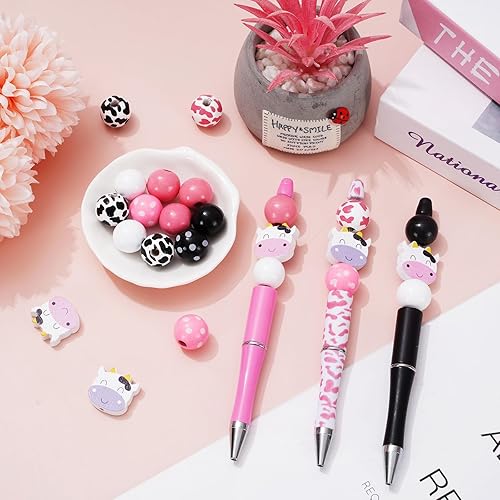 Miniatura 5 de Whaline 12 juegos de bolígrafos con estampado de vaca, bolígrafos surtidos de bricolaje con 12 cuentas en forma de vaca lechera, 30 cuentas