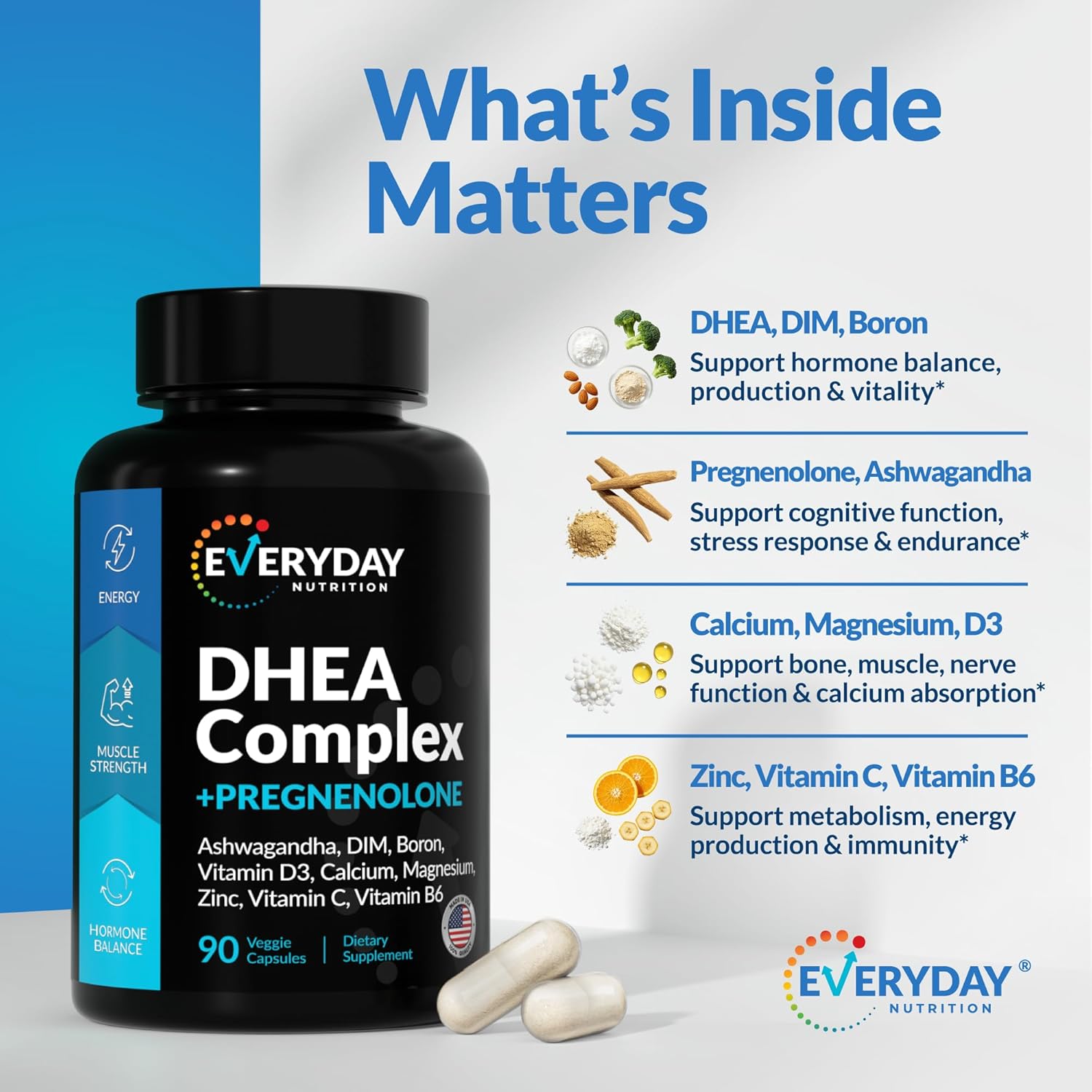 DHEA Micronized 200mg Complex with Pregnenolone 100mg Supplement for Men & Women with Ashwagandha, DIM, Magnesium, Boron, Calcium , Zinc, Vitamin D3, C and B6 Hormone Support - Made in USA 90 Capsules - Image 5