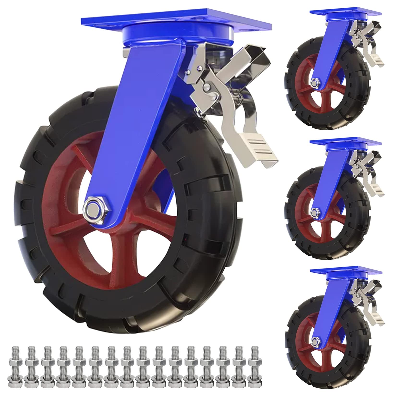 ESOYAWE 4er-Packung Ø 150mm 200mm 250mm 300mm Schwerlast Stielrollen, Pannensichere Vollgummi Lenkrolle Mit Bremse, Industrie Transport Lenkrolle Leicht Zu Installieren, for Trolleys Werkbank