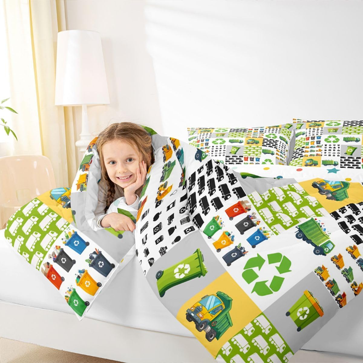Feelyou Green Garbage Truck Comforter Set Cartoon Trash Truck Bedding Set Garbage Truck Toy Print Comforter Vehicle Car Duvet Set Geometric Plaid Bedroom Decor 2Pcs Twin Size