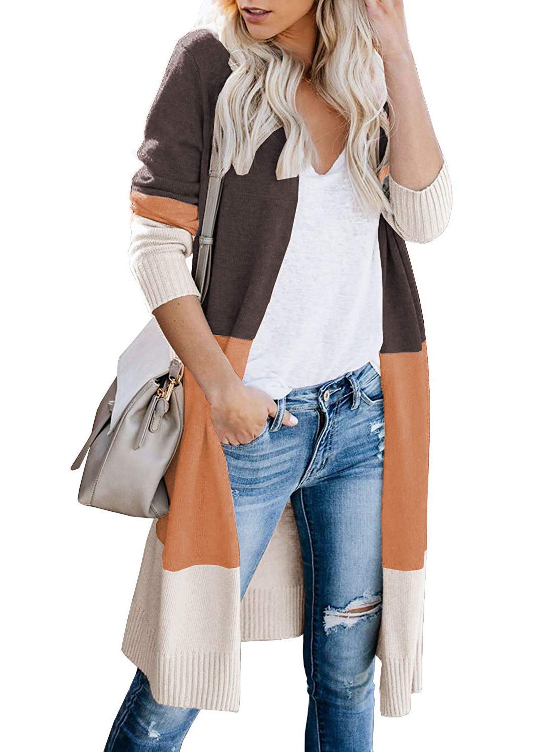 CARDYDONY Women's Long Color Block Cardigan Sweater