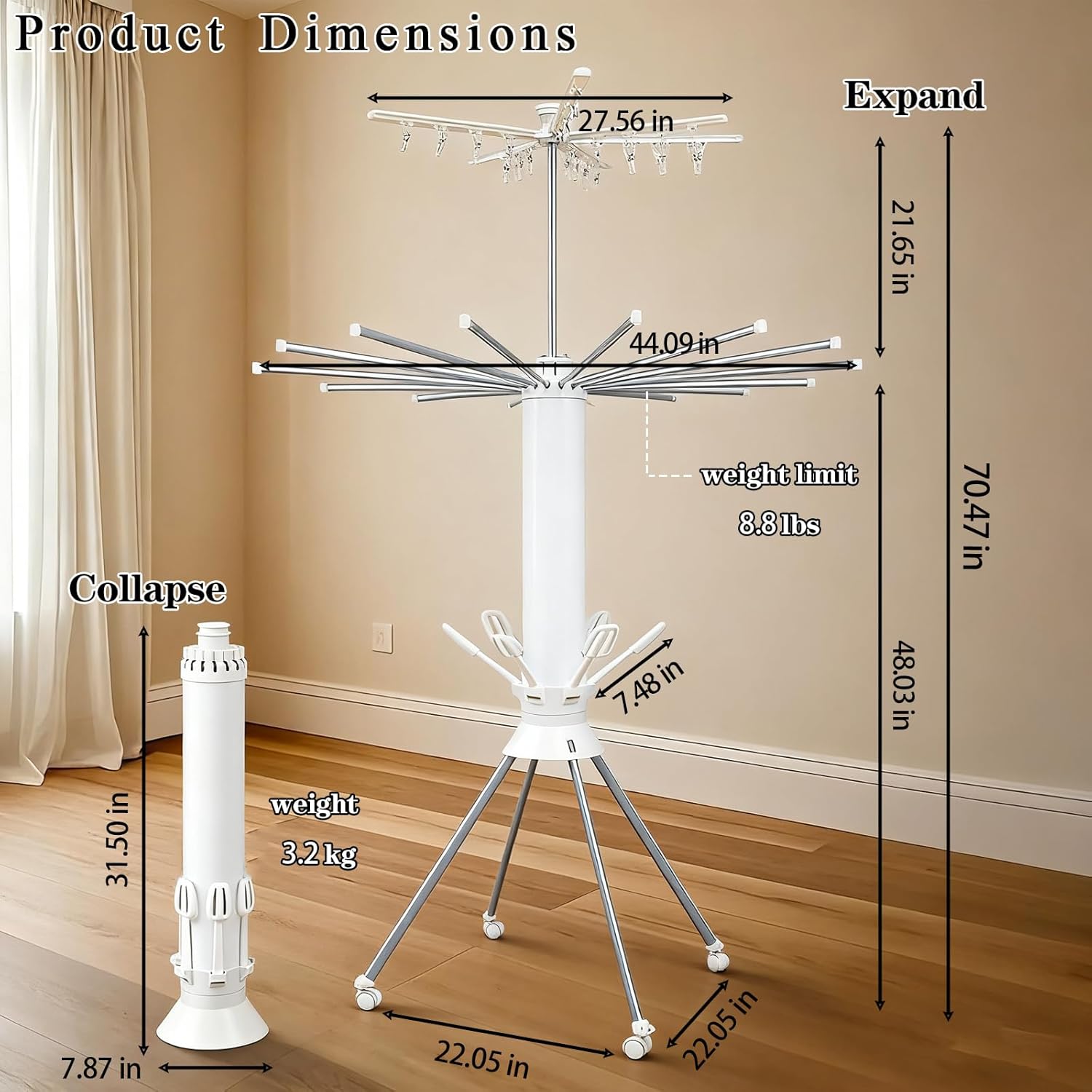 Four Legged Clothes Drying Rack Octopus Laundry Drying Rack Portable and Foldable Dry Rack with 4 Pulleys 16 Poles 360° Aluminum Garment Rack for Indoor Outdoor Courtyard(Double Layer)