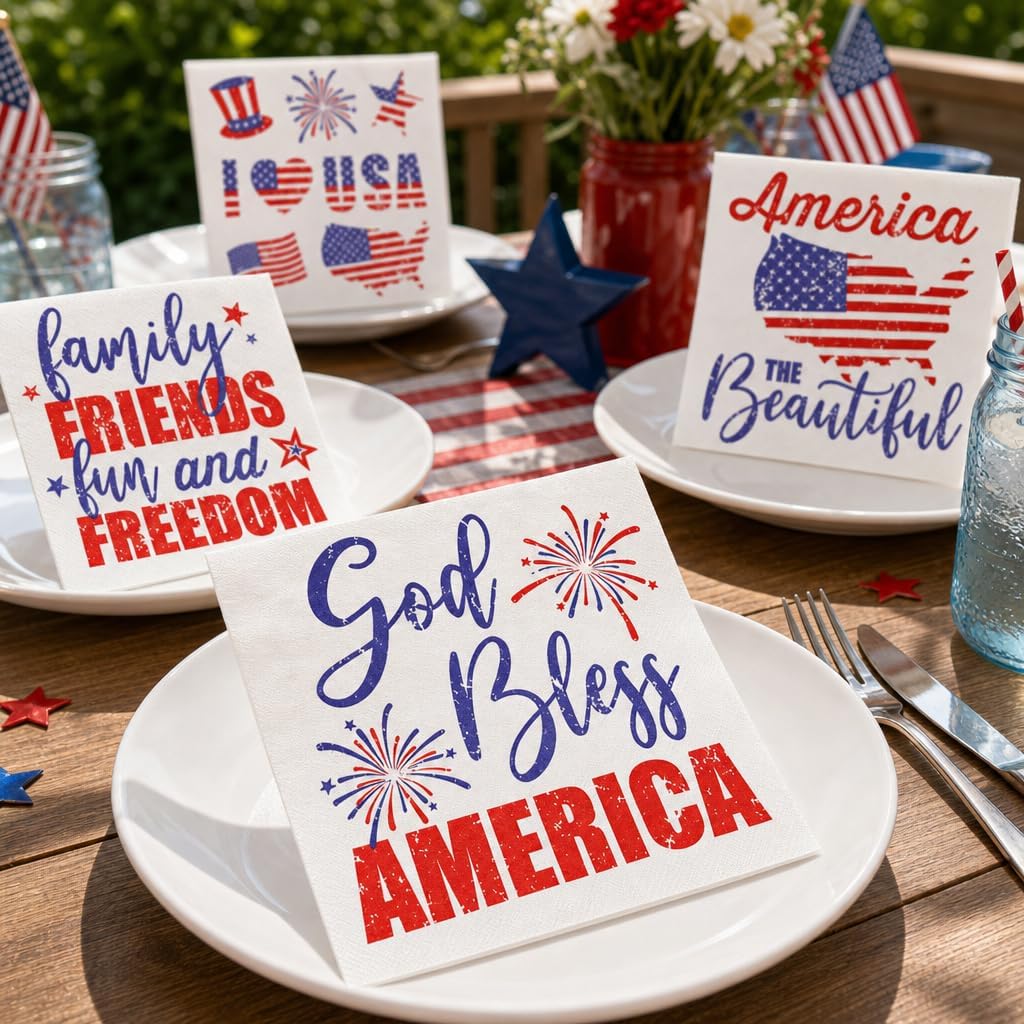 Iconikal 75 Count 4th of July Patriotic American Flag Disposable Dinner Napkins 2-Ply