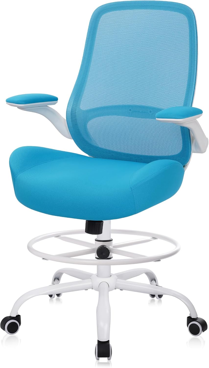 HYLONE Drafting Chair Tall Office Chair with Flip-Up Armrests Ergonomic Computer Chair with Lumbar Support Adjustable Footrest Ring Mesh Standing Desk Chair (Blue)