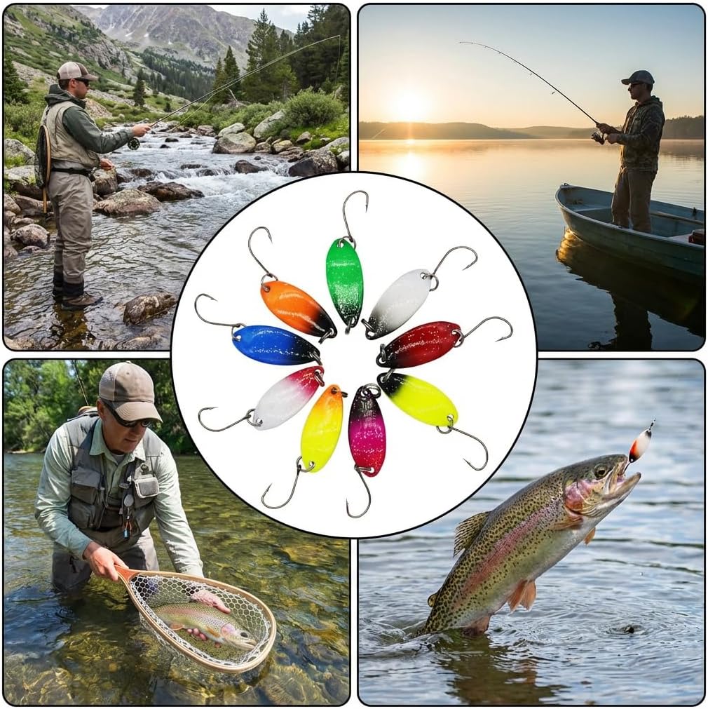 Fishing Lures with Single Hook, 1.2in-1/9oz Trout Spoon, Multicolor Metal Fishing Baits for Pike Zander Perch