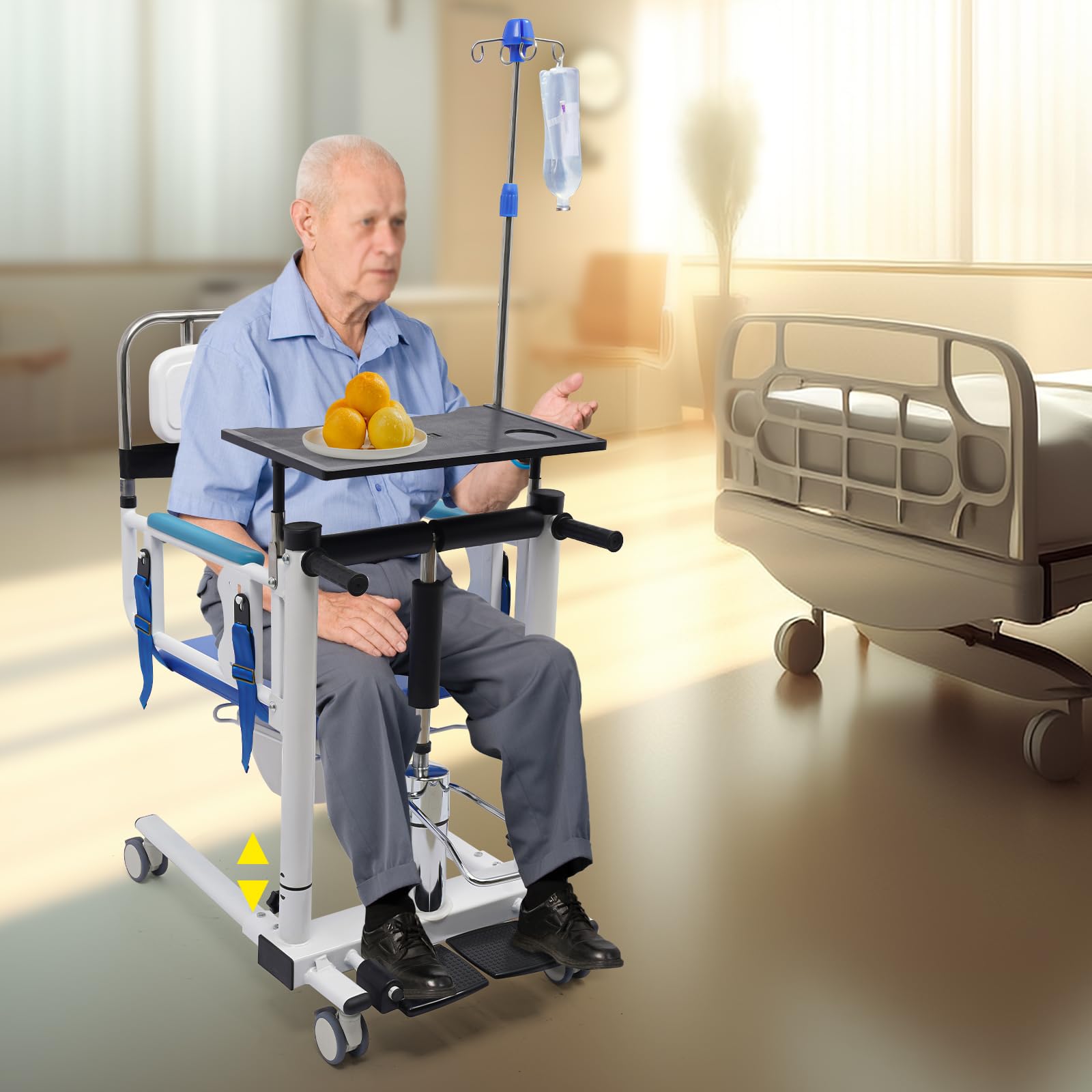 Hydrauliczne krzesło transferowe dla pacjentów, z blatem stołu jadalnego i podpórką do infuzji, krzesło prysznicowe z kółkami dla seniorów, chorych, osób starszych, niepełnosprawnych, kobiet w ciąży,