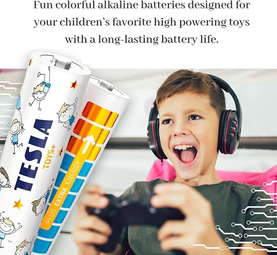 Tesla Toys+ Batteries for Boys, AA Maximum Power Alkaline Batteries, 10 Year Shelf Life, A Long-Lasting Battery Life, Leak-Free, LR06, 4 Count [Pack of 1]