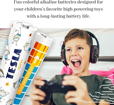 Tesla Toys+ Batteries for Boys, AA Maximum Power Alkaline Batteries, 10 Year Shelf Life, A Long-Lasting Battery Life, Leak-Free, LR06, 4 Count [Pack of 1]