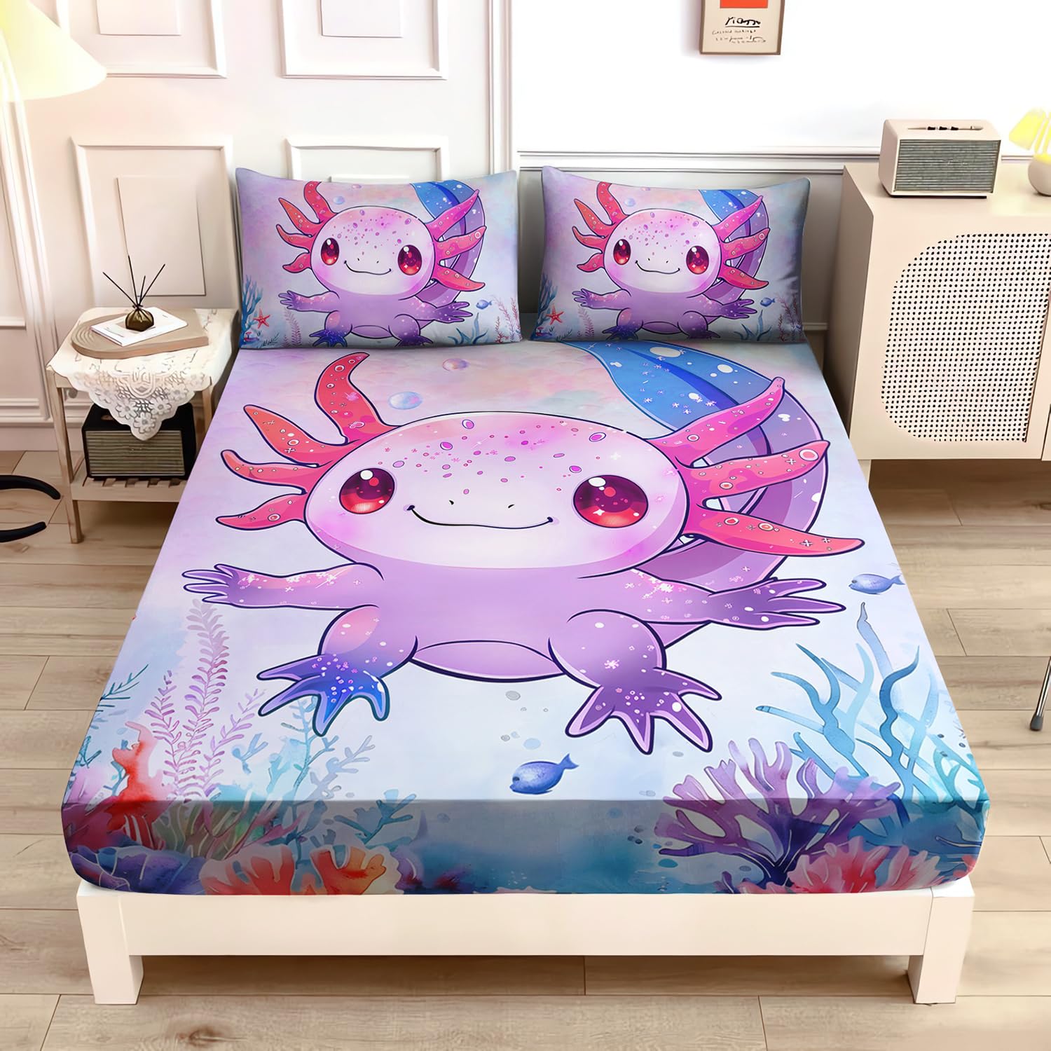 UEVBF Cute Axolotl Bed Set Queen Fitted Sheet,Pink Axolotl Waterweed Pattern Toddler Bed Set,Kawaii Sea Life Bedding Sets for Kids Boys Girls Room Decor,1 Fitted Sheet+2 Pillowcases.