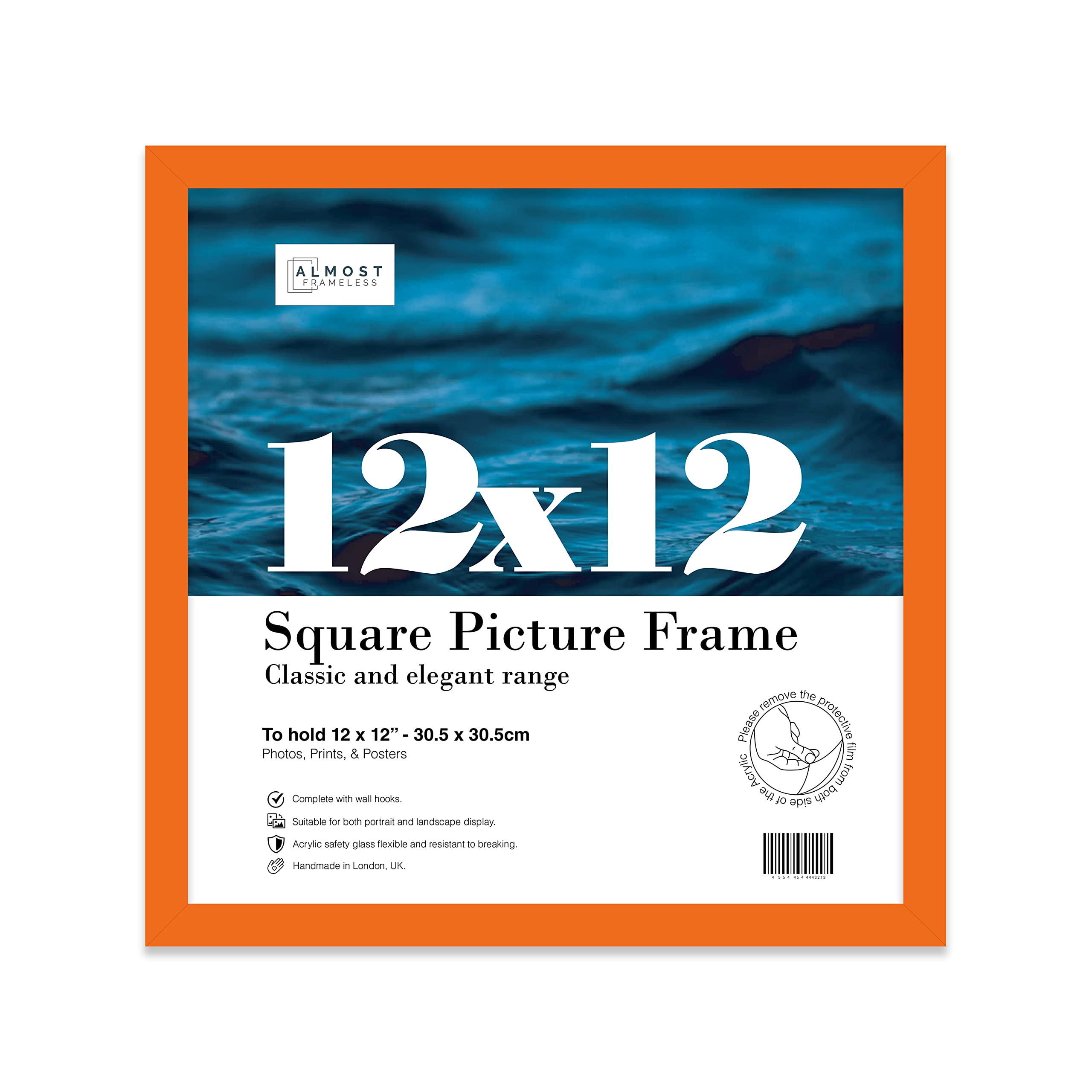 Almost Frameless 12x12 Orange Picture Frame 12"x12"(30.5x30.5cm) Poster, Photo, Artwork, or Print. Thin Edge Slim Frame Portrait and Landscape Display with Wall Hooks