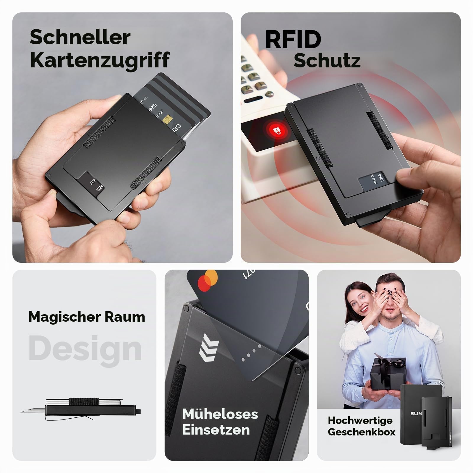 Metall Geldklammer Herren für 10-20 Karten & 20 Geldschein Pop-up Kartenetui Herren mit RFID Schutz Slim Wallet Metall CardHolder mit Smart Kartensteckplatz (Schwarz)