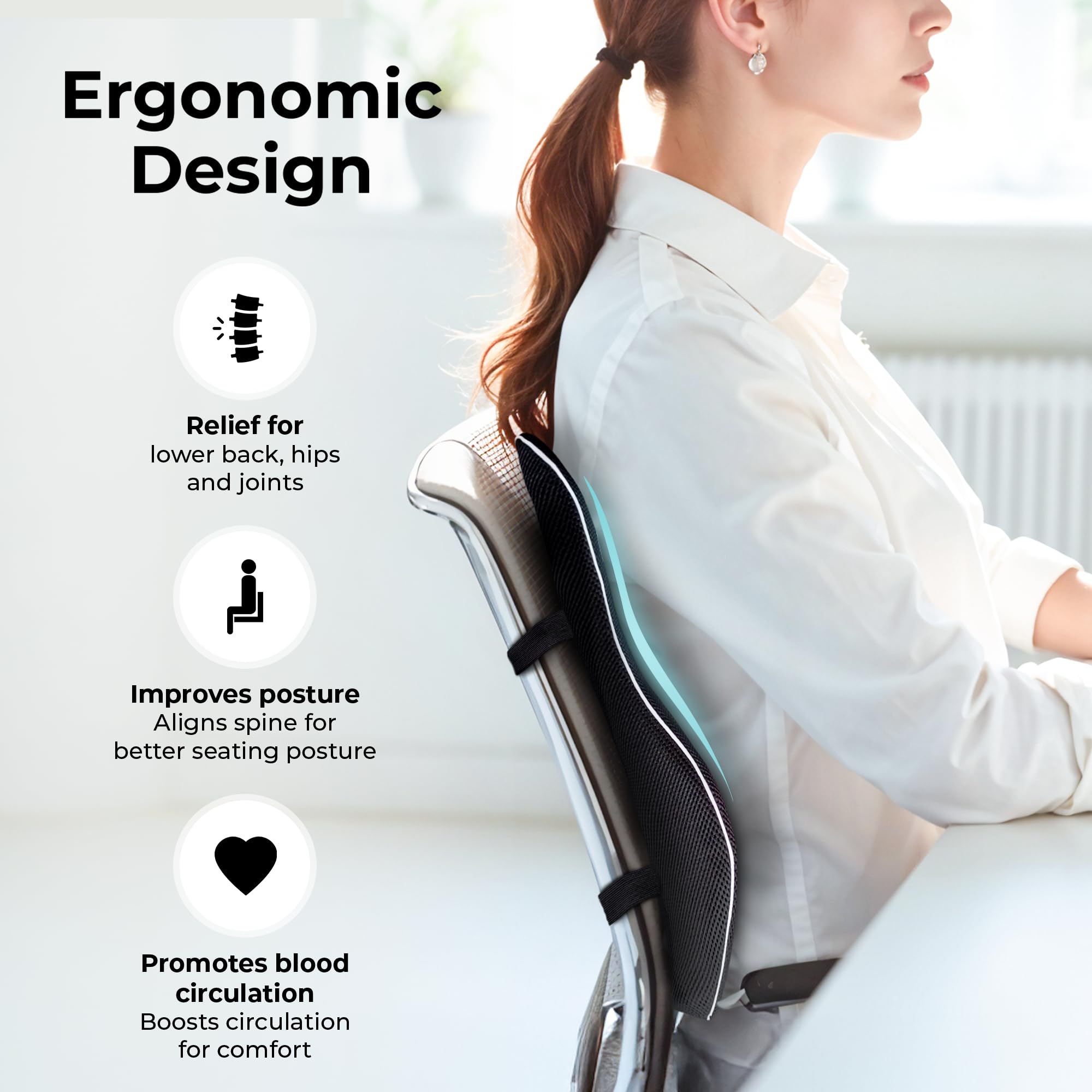 Comfortpad - Cojín de apoyo lumbar | Espuma viscoelástica para aliviar el dolor de espalda | Soporte ergonómico de espalda completa | Para silla de oficina, coche y hogar | Cubierta de malla