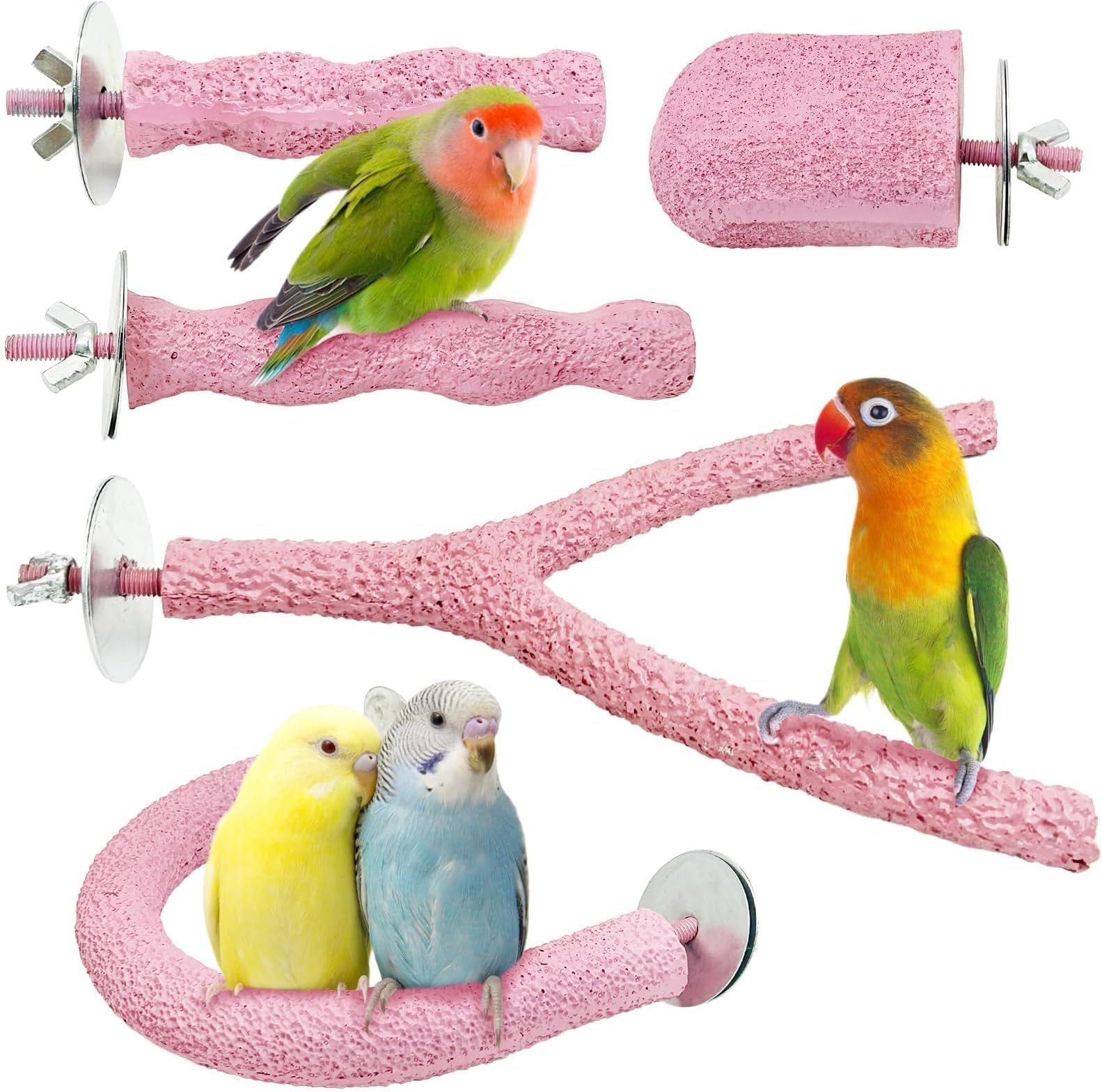 PINVNBY 5 Pack Bird Perch Resin Bird Beak Grinding Stone Parrot Cage Stand Platform Foot Claws Trimmer Chew Toy Cage Accessories for Budgie Cockatiel Conure Lovebird Finch (Pink)